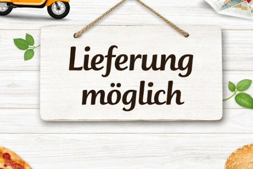 Grafik mit Hinweis Lieferung möglich im Zustellgebiet mit Pizza, Burger und Roller Symbol auf hellem Holz Hintergrund